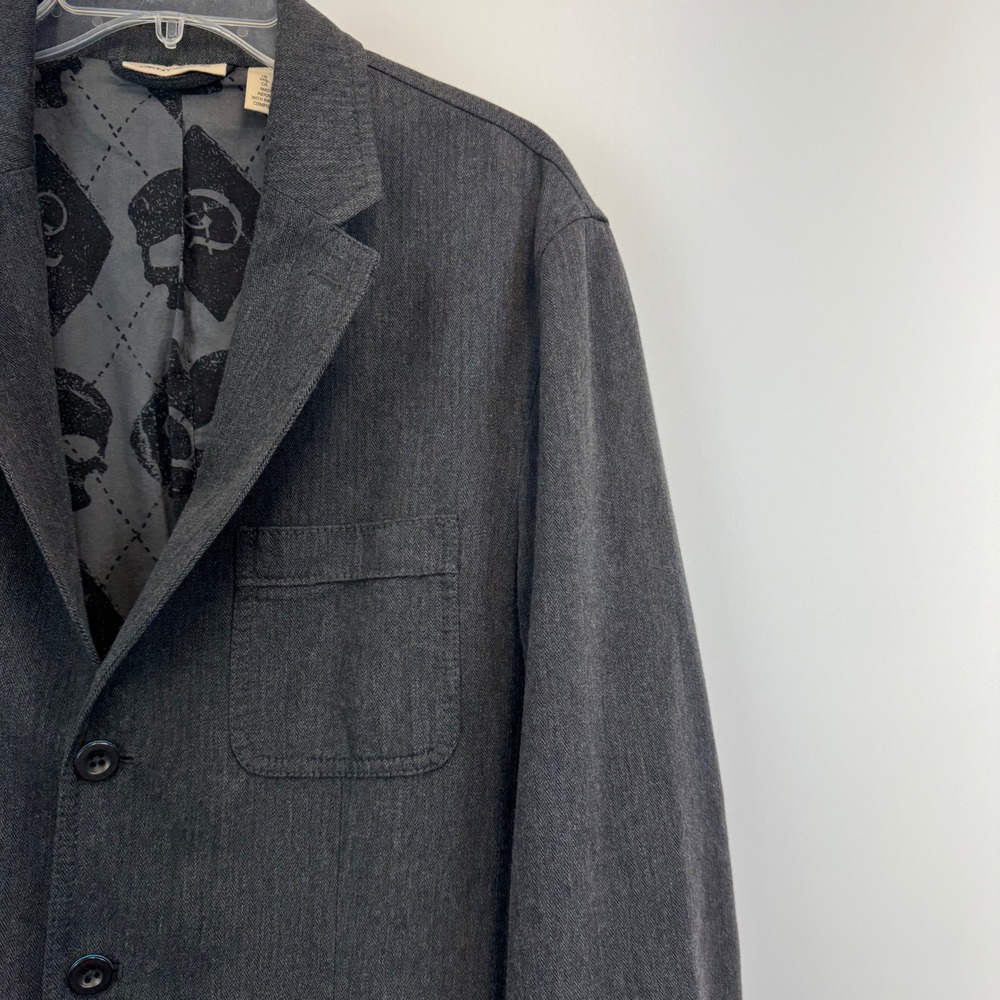 Lucky Brand Mens Charcoal Grey Herringbone Cotton Skull Lining Blazer Jacket L - Picture 10 of 16